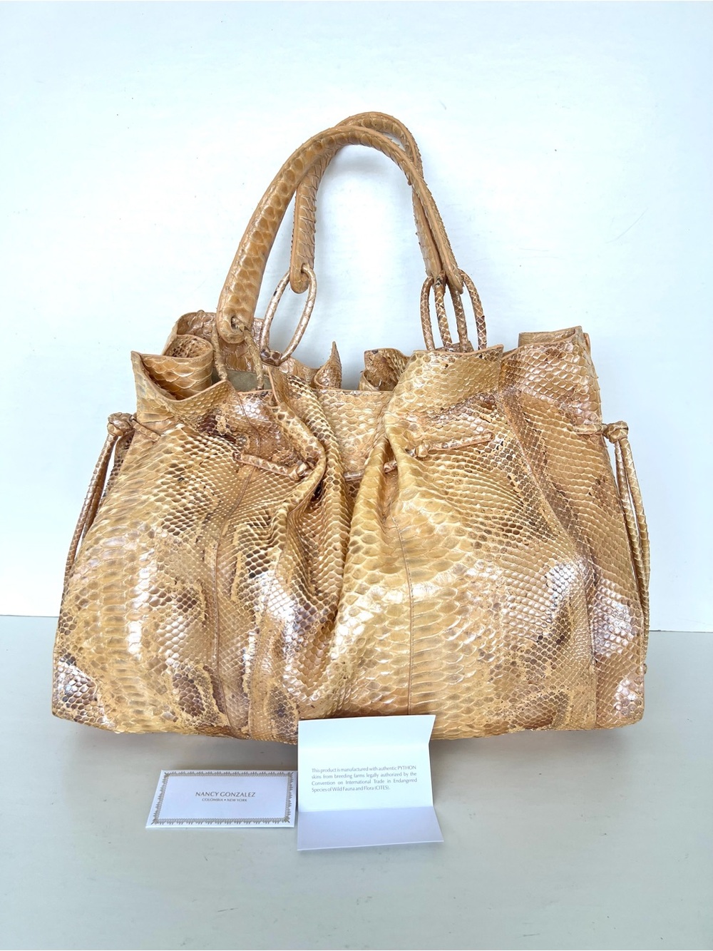 NANCY GONZALEZ Beige Brown Python Snake Leather Unique Handles Shoulder Tote